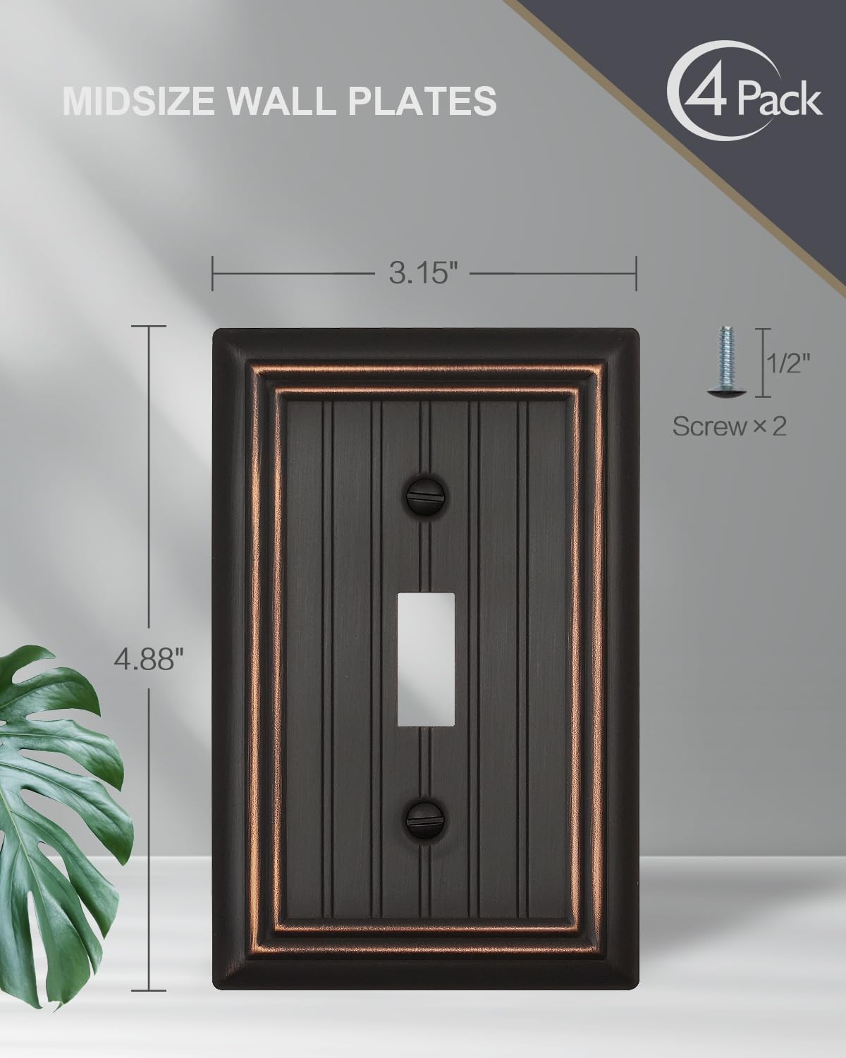 ZILLSEA 4-Pack Aged Bronze Light Switch Covers, Classic Beadboard Single Toggle Wall Plates, Metal Switch Plate Covers, 3.15''*4.88'', Midsize