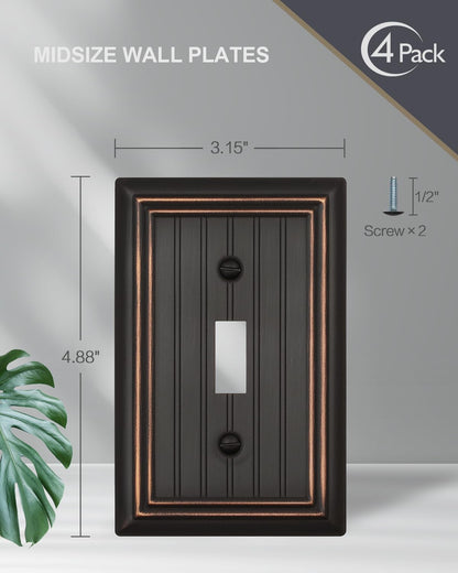 ZILLSEA 4-Pack Aged Bronze Light Switch Covers, Classic Beadboard Single Toggle Wall Plates, Metal Switch Plate Covers, 3.15''*4.88'', Midsize