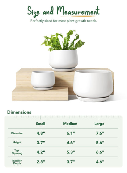 LE TAUCI Ceramic Plant Pots, 4.1+5.1+6.5 inch, Set of 3, Planters with Drainage Hole and Saucer, Indoor Flower Pot with Hole Mesh Pad, Gifts for Mom, White