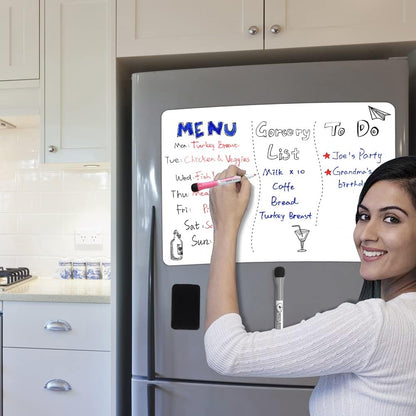 ANLIOTE Magnetic Dry Erase Board Fridge Whiteboard Sheet 17"x11", Easy to Write and Clean, Flexible Refrigerator White Board for Home Kitchen Memo Shopping List, 2 Marker Pens and Eraser with Magnets