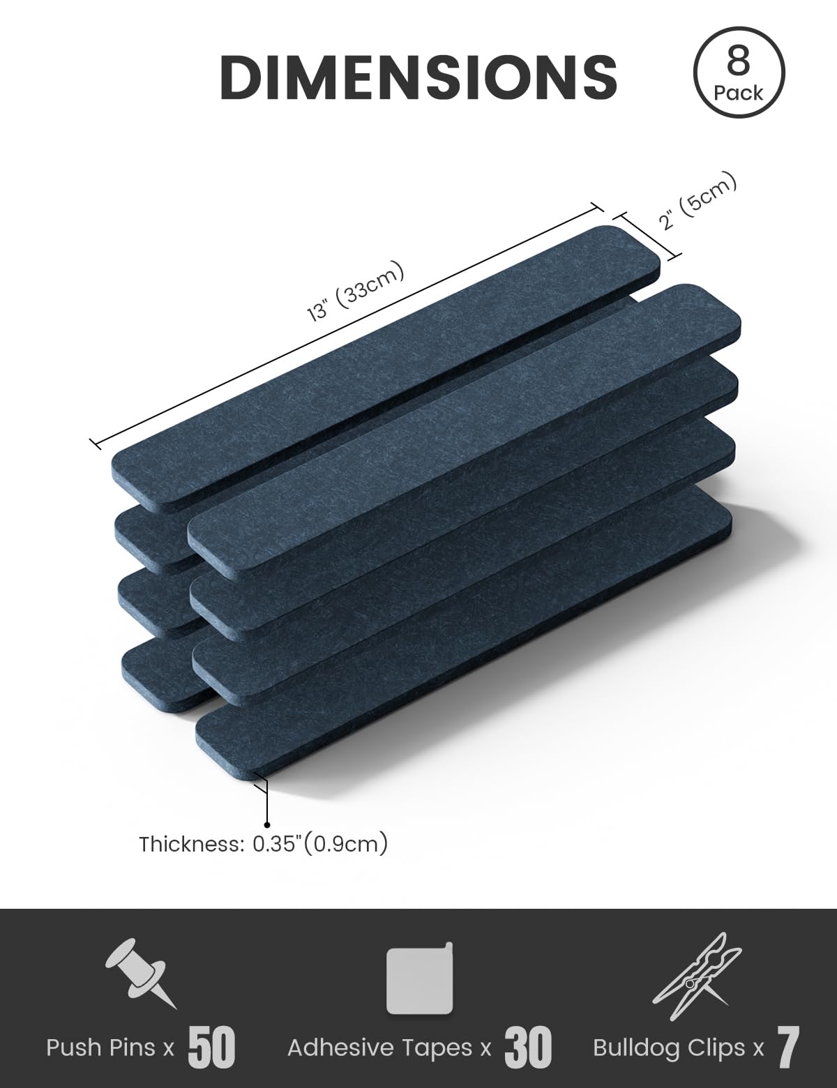 Fluxynara Cork Board Alternative Felt Strip Board 8-Pack 13"x2", Office Pin Board with 50 Push Pins, Adhesive Install for Bedroom Door & Home Office (Denim Blue)
