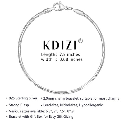 Charm Bracelet 925 Sterling Silver Bracelets for Women 2mm Dainty Snake Chain Bracelet Jewelry Gifts for Her