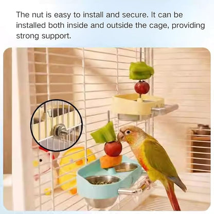 Bird Feeder Birds Bowls Stainless Steel Dishes Coop Cups with Fruit Skewer, Parrot Feeding Dish Cups Food Water Bowls with Bird Food Holder for Budgies Lovebirds (Yellow,Square)