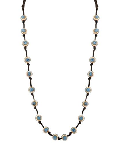 MINACHI Hippie Boho Blue Ceramic Bead Long Strand Necklace, Black Waxed Cord, Bohemian Beach Summer Jewelry Gift for Women
