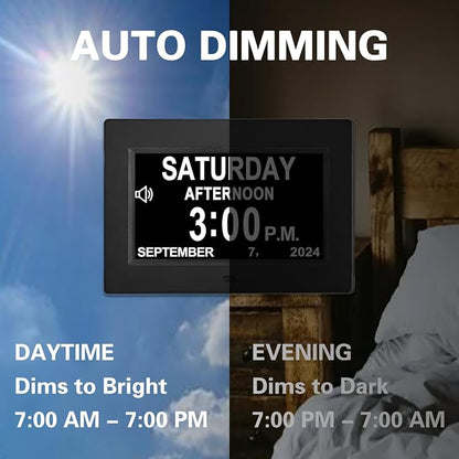 JALL 7" Large Digital Calendar Day Clock for Seniors 2026 - Easy to Read Alzheimer's Dementia Memory Loss Clock for Elderly with IPS Wide Angle，Day & Date, 12 Custom Alarms & Auto-Dimming, Black