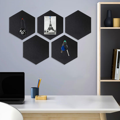 8 Packs Hexagon Felt Pin Board, 12" Bulletin Board with 30 Push Pins, Felt Board for Home Kitchen Office Decor, Self-Adhesive Corkboard Tiles for Walls School Message Photos Memos-Black