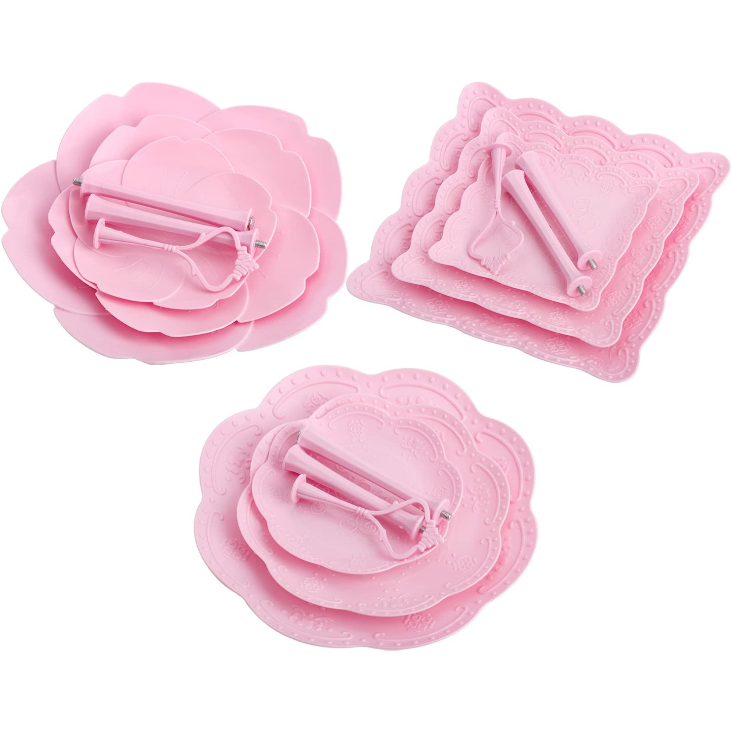Tosnail 3 Pack 3 Tiers Plastic Cupcake Stand Dessert Stand Tiered Serving Trays with Pink Rod Candy Pastry Holders for Baby Shower, Wedding and Party - Pink Rod