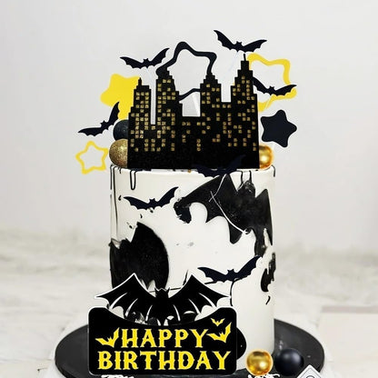 Superhero Bat Cake Topper Bat Cake Decor - Happy Birthday Decorations for Hero Themed Party Supplies (black)