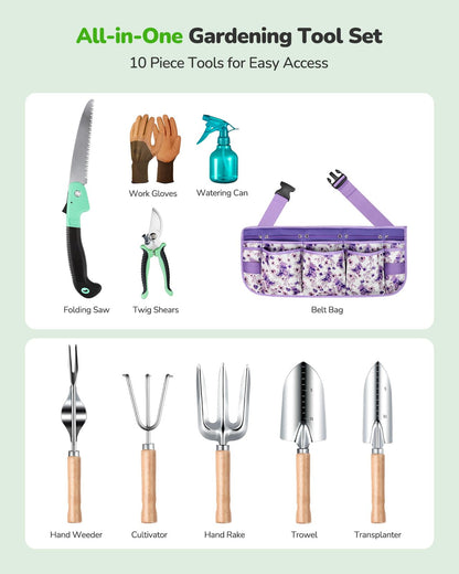 Grenebo All-in-One Garden Tool Set with Tools Organizer Belt Adjustable, 10-Piece Gardening Hand Tools, Long Lasting Rust-Proof Premium Garden Tool Kit, Gardening Gift for Women Men (Purple)