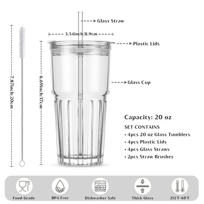 INSETLAN 20 oz Clear Glass Tumbler Set with Lids and Straws – 4-Pack Iced Coffee Cups with Glass Straws & Brushes, Reusable Drinking Glasses for Smoothies, Tea, Juice, Beer, Cold Beverages