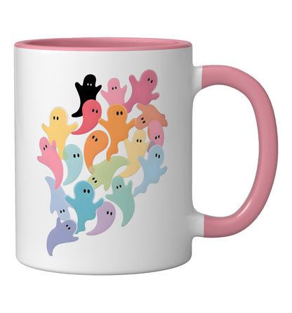 Halloween Cute Ghost Minimalist Rainbow Aesthetic Pattern Ceramic Mug, Pink/White