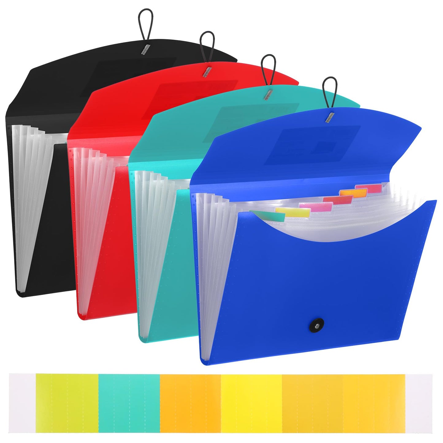 4-Pack A4 Accordion File Organizer with Rope Closure, 7 Pockets Accordion File OrganizerSmall Document Organizer in Black Blue Green Red, Includes 4 Label Sheets