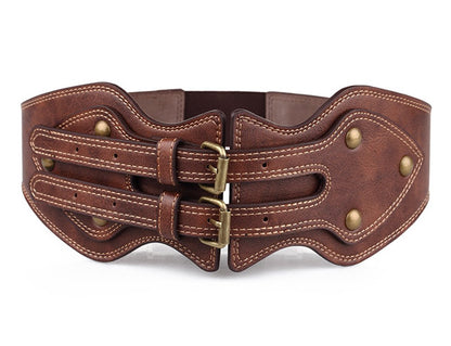 ICSTH Womens Obi Belt Vintage PU Leather Elastic Wide Waist Belt Fashion Retro Wide Belts (BROWN, 92CM)