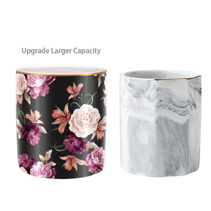 WAVEYU Pen Holder for Desk, Pencil Cup Holder, Cute Floral Makeup Brush Holder Durable Ceramic Flower Design Desk Pencil Organizer for Office, Classroom, Black