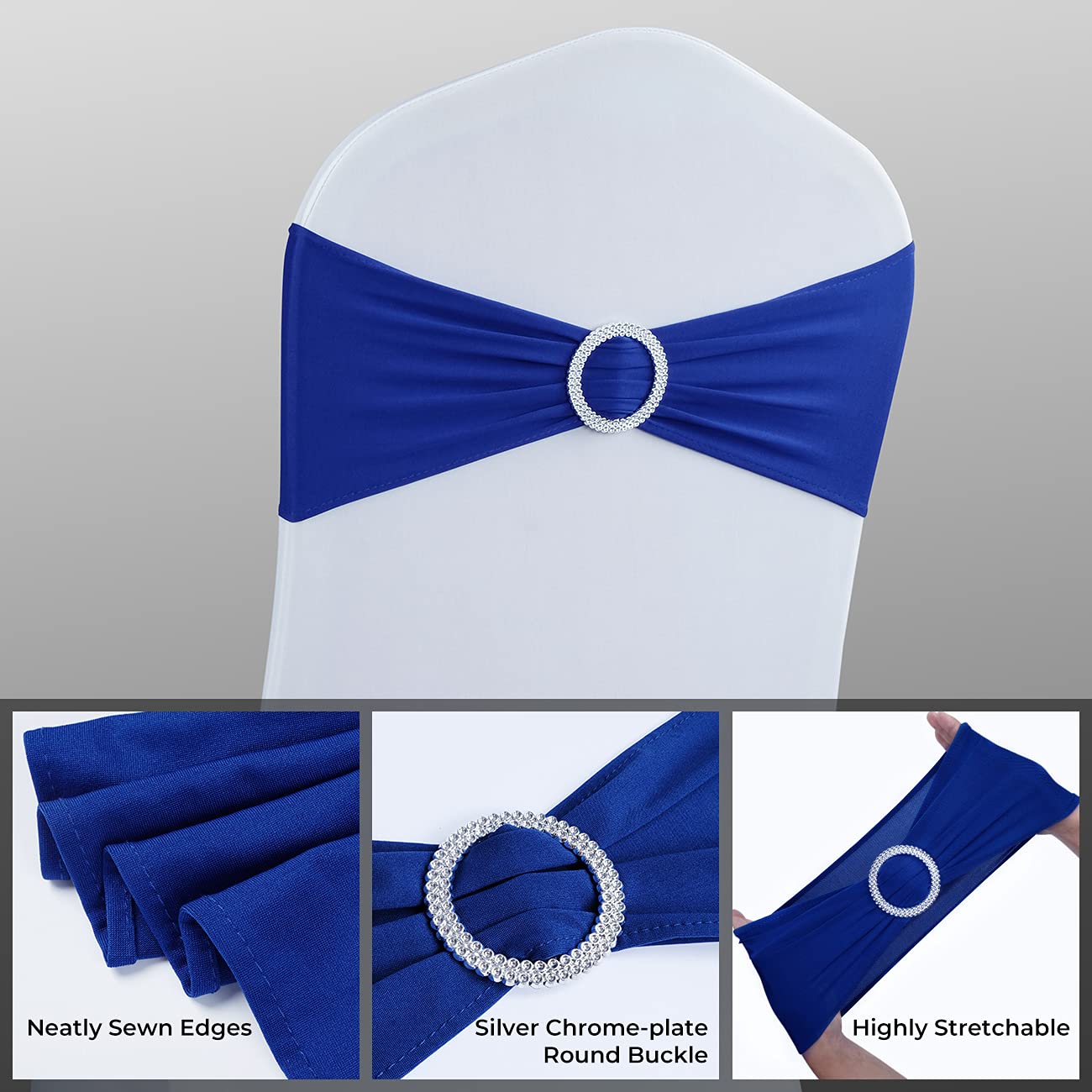 Babenest Spandex Chair Sashes Bows 50PCS Premium Stretch Chair Cover Band with Buckle Slider Universal Elastic Chair Ties for Wedding Party Ceremony Reception Banquet Decoration (Royal Bule)