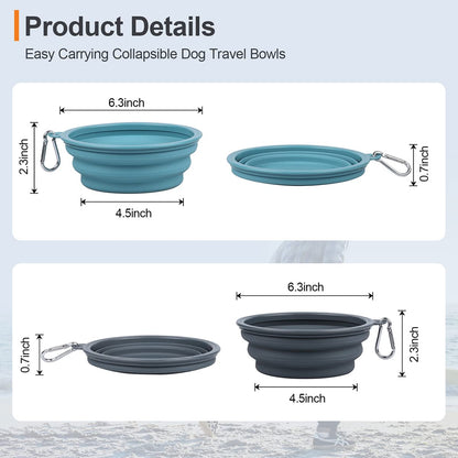 Kytely Collapsible Dog Bowls 2 Pack (650ml) - Portable Travel Pet Food & Water Bowls with Carabiner Clip, Foldable Feeding Dish for Dogs Cats, Hiking Walking Camping (Blue+Grey)