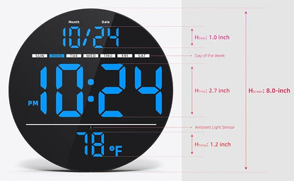Digital Wall Clock with Large LED Display, Date, Temperature, Auto-Brightness | Small [PLUG-IN] Clock | Modern Electric Wall Clock for Bedroom, Classroom, Living Room, Home, Office, Farmhouse - Blue