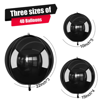 12Pcs Black Round Foil Balloons, 22" 15" 10" Metallic Black 4D Ball Balloons for Birthday Graduation Christmas New Year Eve Halloween Party Backdrop Decorations