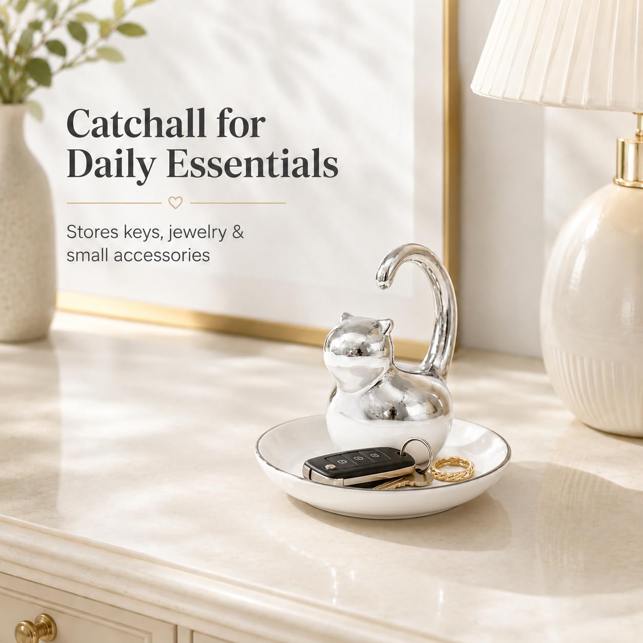 Cat Ring Holder Jewelry Dish–White & Silver Fat Cat Ceramic Trinket Tray,Birthday,Wedding,Graduation Gift for Women & Girls,Rings Earrings Necklaces Bracelets–Vanity,Nightstand,Dresser,Bathroom