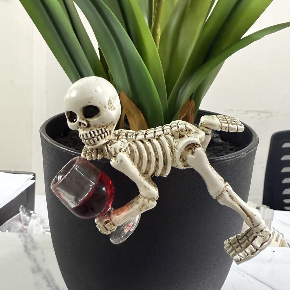 WACSLDN Halloween Skeleton Flowerpot Decoration, Weather Resistant Resin Garden Statue (Red Cup)