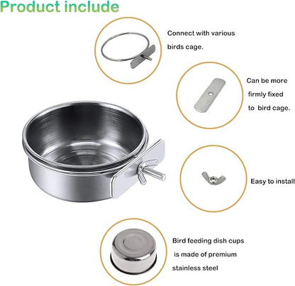 kathson 4 Pcs Stainless Steel Bird Feeding Bowl,Parrot Feeder Dish Cups Birds Cage Water Food Bowls Coop Cup with Clamp Holder for Parrots Cockatiel Budgies Parakeet Lovebird(L)