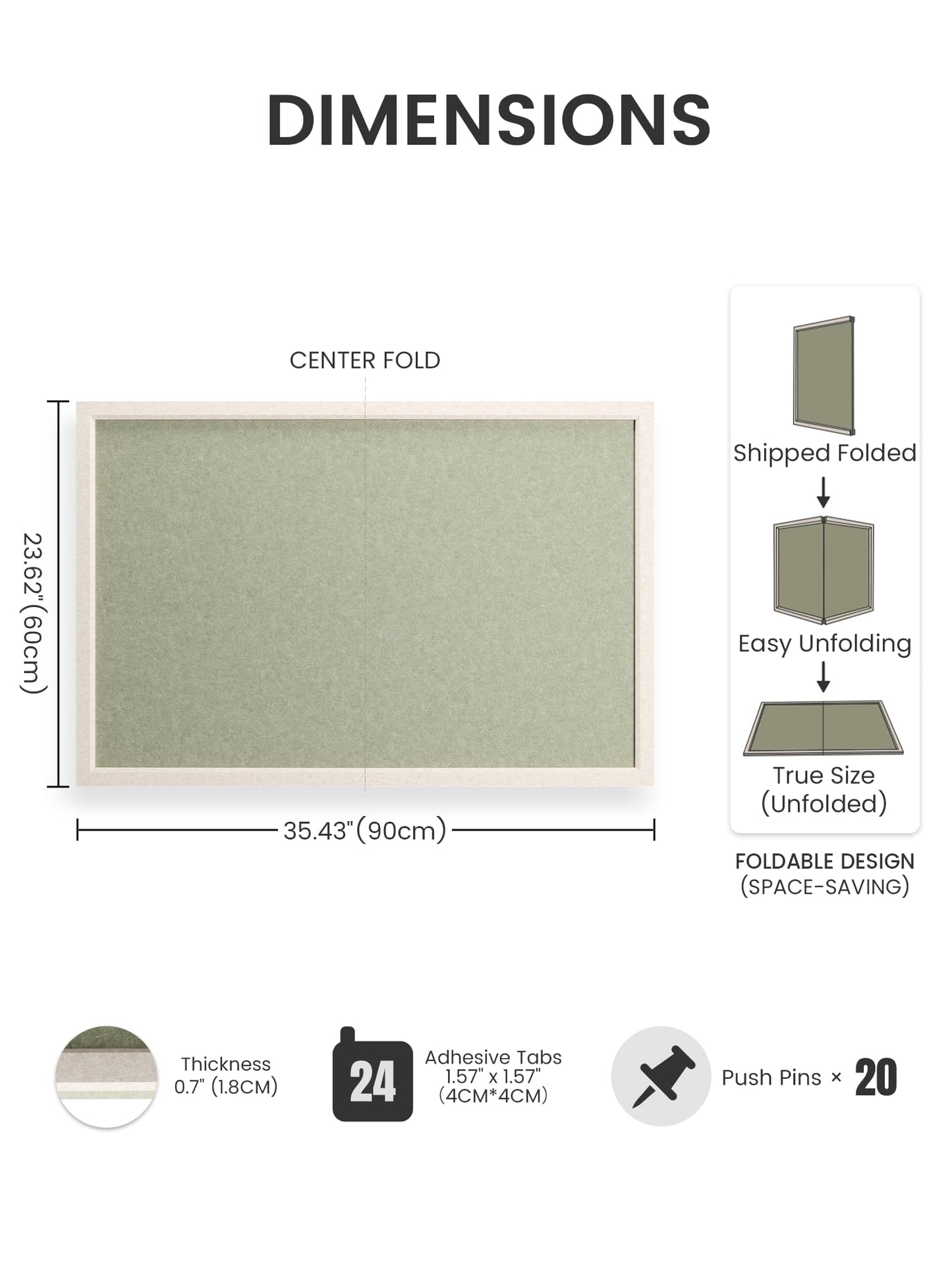 Fluxynara Foldable Cork Board Alternative, Felt Bulletin Board 35.4" x 23.6" Oatmeal Frame with 24 Adhesive Tabs, Pin Board for Home Office, Classroom, Entryway, Kitchen Wall Decor—Sage