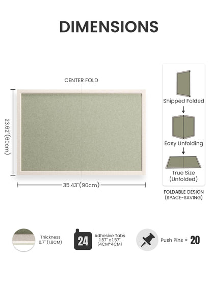 Fluxynara Foldable Cork Board Alternative, Felt Bulletin Board 35.4" x 23.6" Oatmeal Frame with 24 Adhesive Tabs, Pin Board for Home Office, Classroom, Entryway, Kitchen Wall Decor—Sage