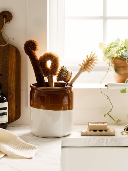 LE TAUCI Kitchen Utensil Holder for Countertop, Ceramic Utensil Crock Set of 2, Rustic Brown Holder for Spatulas, Spoons and Ladles, Large Farmhouse Kitchen Counter Decor, Brown and White, 7.2" & 5.4"