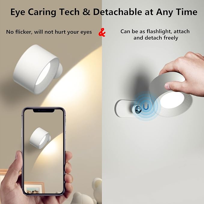 Battery Operated Wall Light, LED Lamp with 360°Adjustable Lighting Indoor Light 3 Color Modes Brightness Levels Touch Control, Mounted for Bedroom Reading Bedside-1Pack White