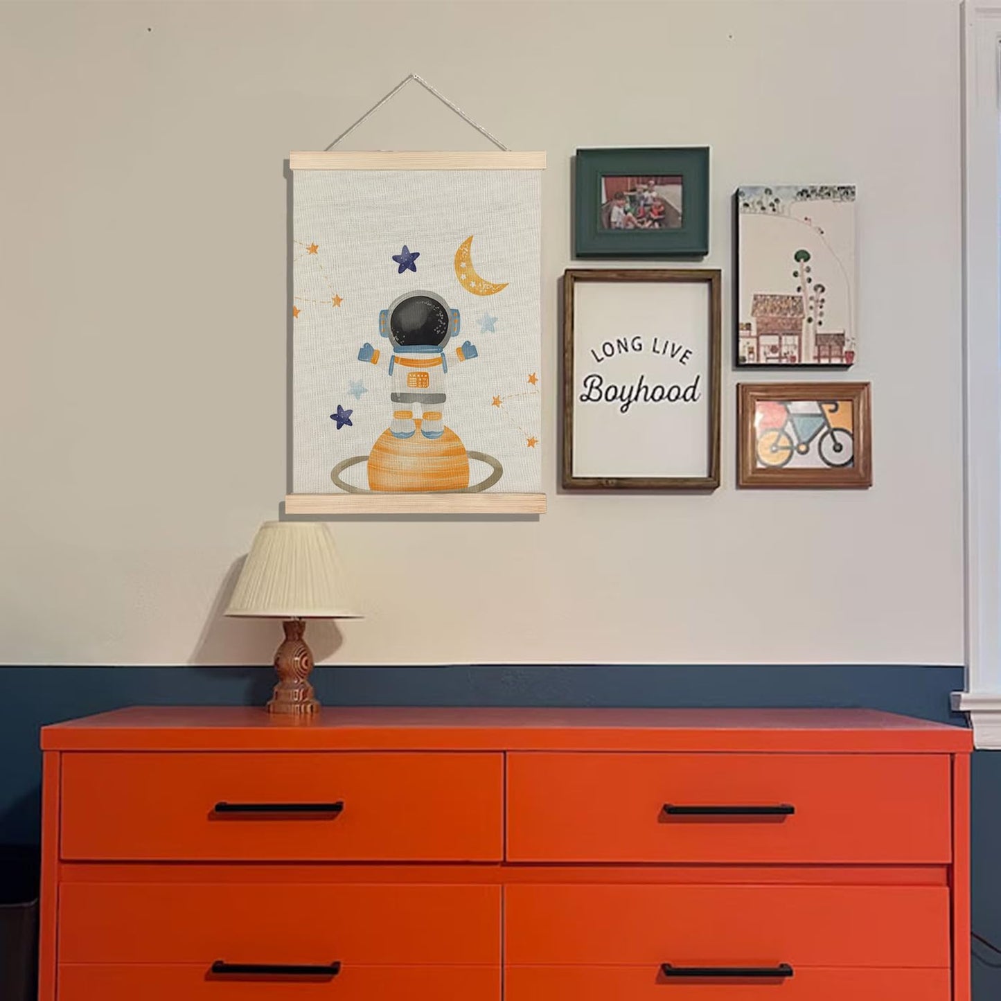 BearCake Spaceman Nursery Canvas Wall Decor Art Poster Hanger Frame, Space Prints Framed Wall Decor for Classroom Toddler Boys Room Nursery Playroom, 12x16 Inch