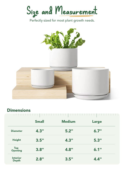 LE TAUCI Ceramic Pots for Plants, 4.3+5.3+6.8 Inch Plant Pots, Set of 3, Planters with Drainage Hole and Saucer, Indoor Flower Pot with Hole Mesh Pad, Gifts for Mom, White