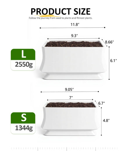 OXART Plant Pots, 11.8+9 inch Ceramic Planter, Indoor Pots Set with Drainage Holes, Flower Pot Rectangle Planters Pots with Hole Mesh Pad, Gifts for Mom, Decorative Ceramic Pots for Plants (White-4)