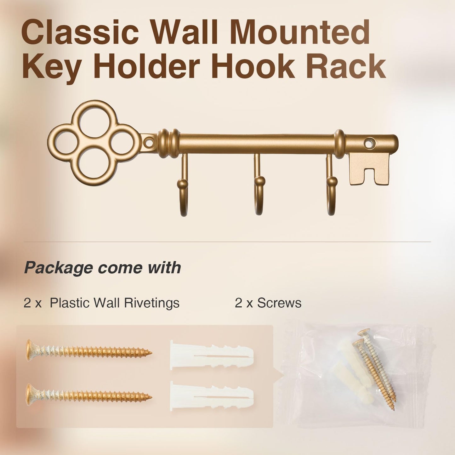 FantasHome Classic Wall Mounted Key Holder Hook Rack, Vintage Key Rack for Entryway (Gold)