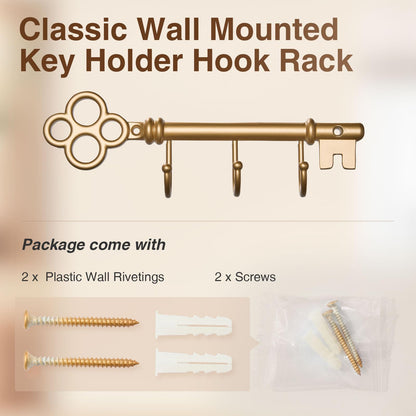 FantasHome Classic Wall Mounted Key Holder Hook Rack, Vintage Key Rack for Entryway (Gold)