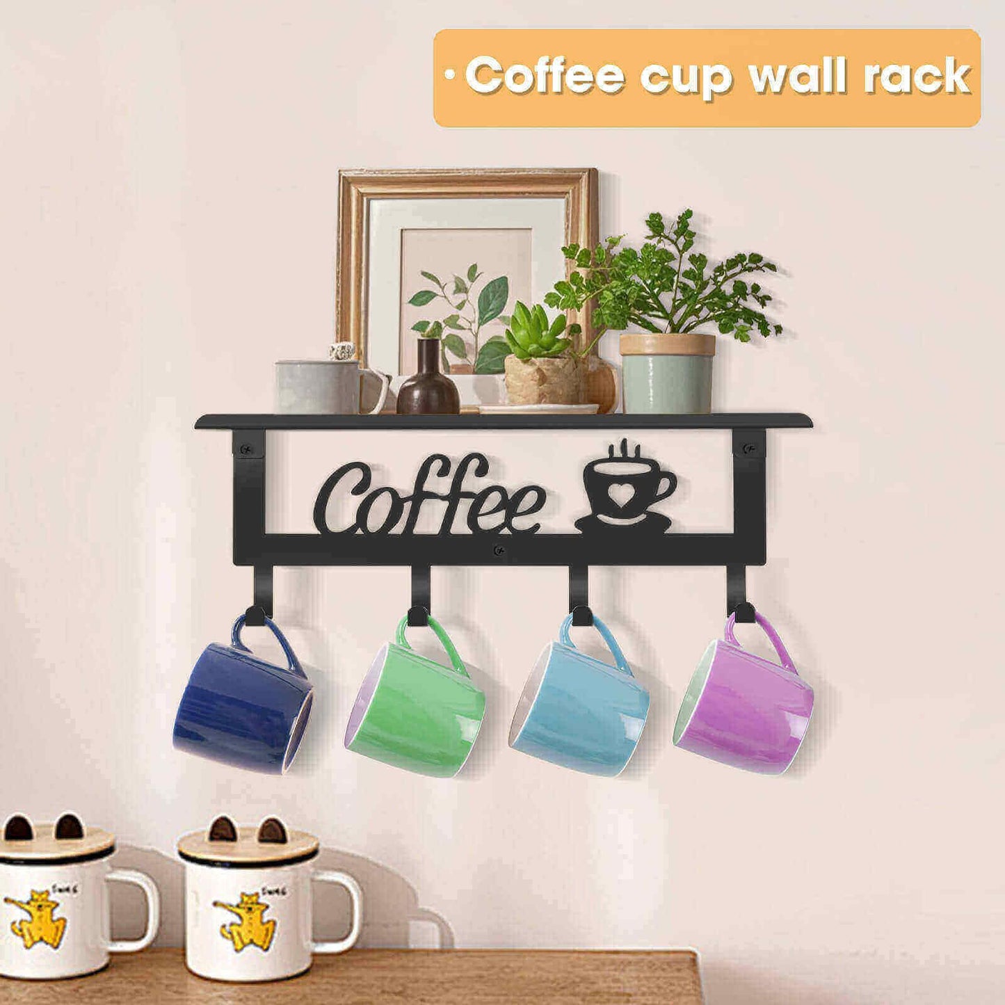 ArtHue Wall Mounted Coffee Mug Holder, Black Metal with 4 Hooks, Mug Rack with Storage Shelf for Kitchen, Office, Farmhouse, Home Decor