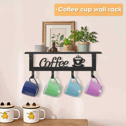 ArtHue Wall Mounted Coffee Mug Holder, Black Metal with 4 Hooks, Mug Rack with Storage Shelf for Kitchen, Office, Farmhouse, Home Decor