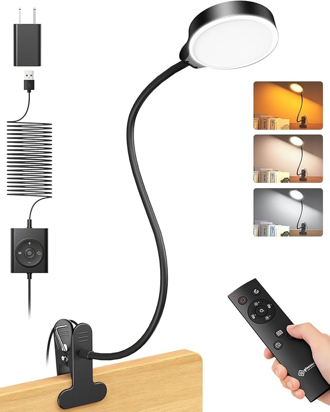 Glocusent 5W 36 LED Reading Clip on Light for Bed, Eye Caring Bed Lamp, 3 Colors & 5 Brightness Levels for Headboard with Adapter, Perfect for Reading, Working & Studying (Black with Remote)