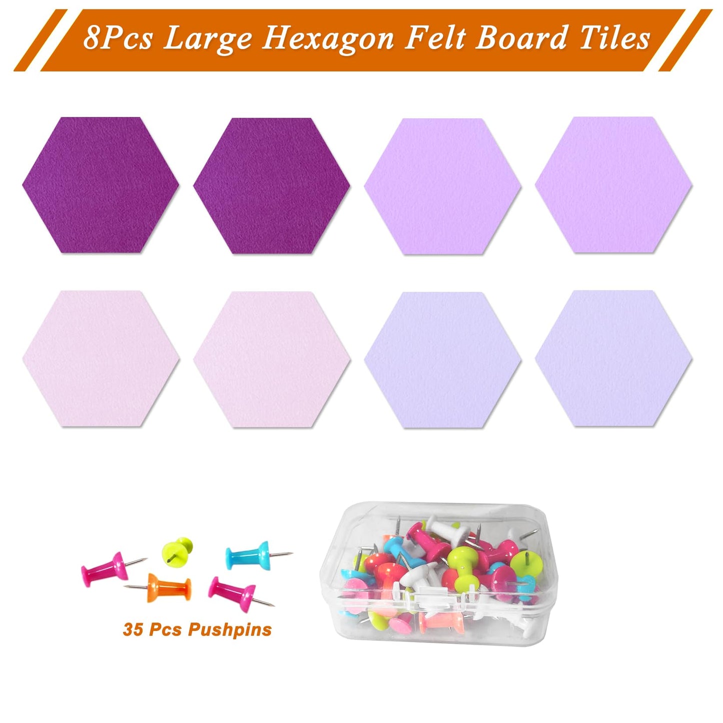 HULAVO Large Hexagon Felt Cork Board Tiles, Self Adhesive DIY Felt Bulletin Board Pin Board with 35 Pushpins for Office School Home Wall Decor Stickers Memos Photos Display(Purple+Pink)