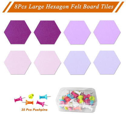 HULAVO Large Hexagon Felt Cork Board Tiles, Self Adhesive DIY Felt Bulletin Board Pin Board with 35 Pushpins for Office School Home Wall Decor Stickers Memos Photos Display(Purple+Pink)