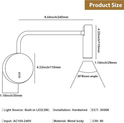 ZEROUNO Wall Mounted Reading Light for Bedroom, Hardwired Sconces with Switch LED 3000K Bedside Reading Lamp (Bronze)