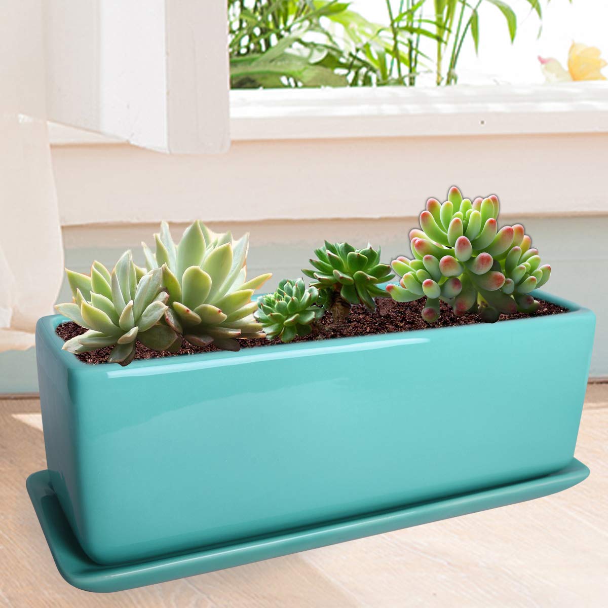 Vencer 12 Inch Rectangular Modern Minimalist Ceramic Succulent Planter Pot - Window Box with Saucer,Office Desktop Potted Stand,Turquoise,VF-0135T