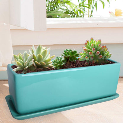 Vencer 12 Inch Rectangular Modern Minimalist Ceramic Succulent Planter Pot - Window Box with Saucer,Office Desktop Potted Stand,Turquoise,VF-0135T
