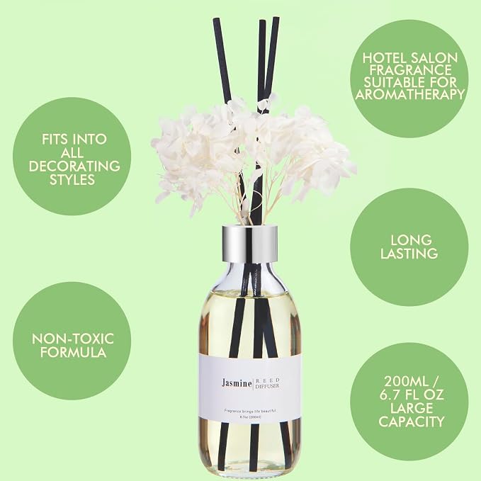 Clesh Reed Diffuser Set, 6.7 oz Jasmine Scented Diffuser with Sticks, Home Fragrance Reed Diffuser for Bathroom Shelf Decor