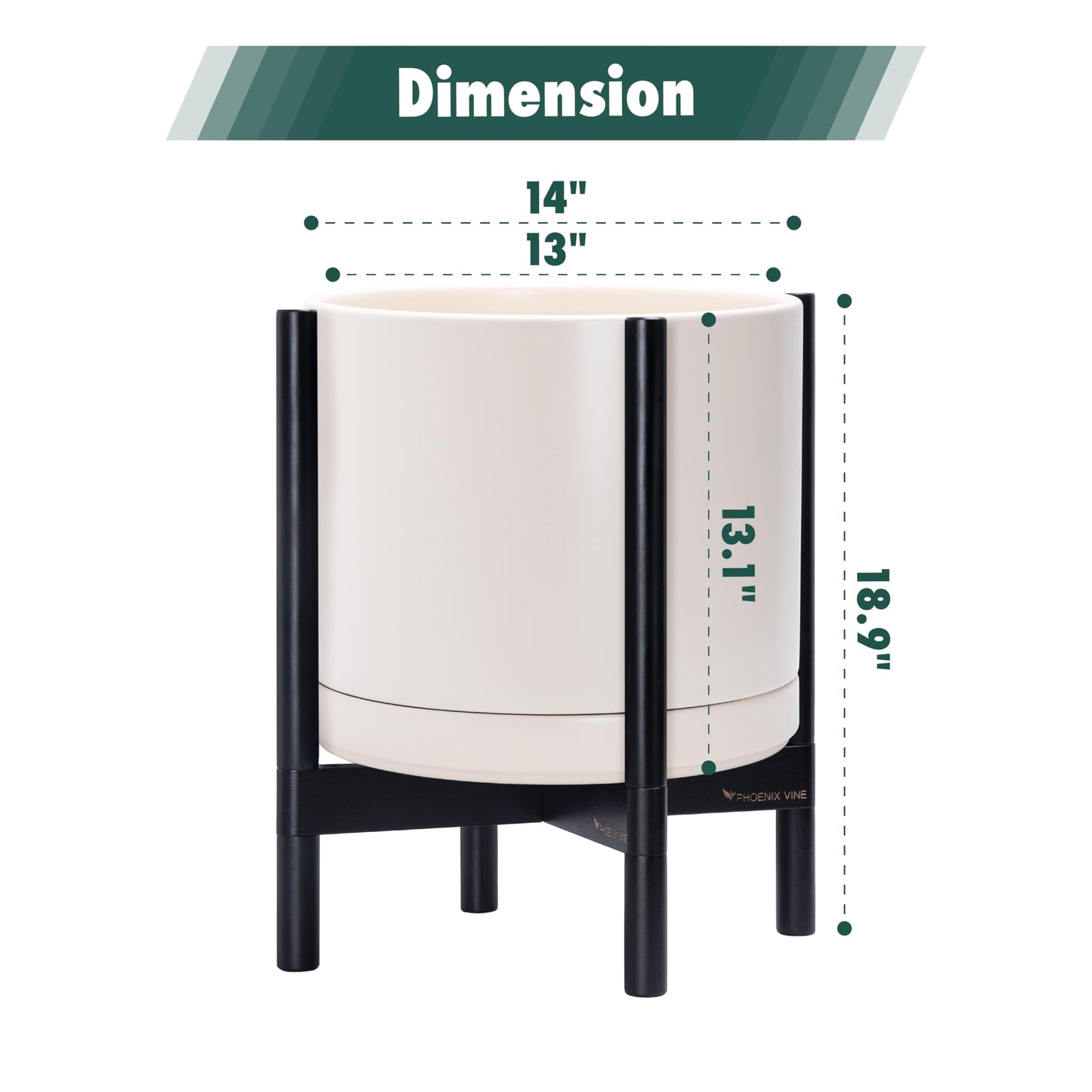 D'vine Dev Ceramic Planter with Ebony Stand - 14 Inch Modern Round Flower Pot with Wood Planter Holder, Oatmeal, 55-B-S-8
