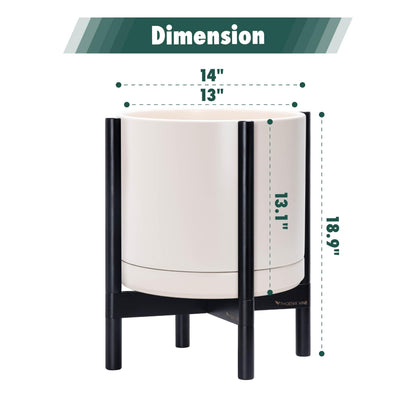 D'vine Dev Ceramic Planter with Ebony Stand - 14 Inch Modern Round Flower Pot with Wood Planter Holder, Oatmeal, 55-B-S-8