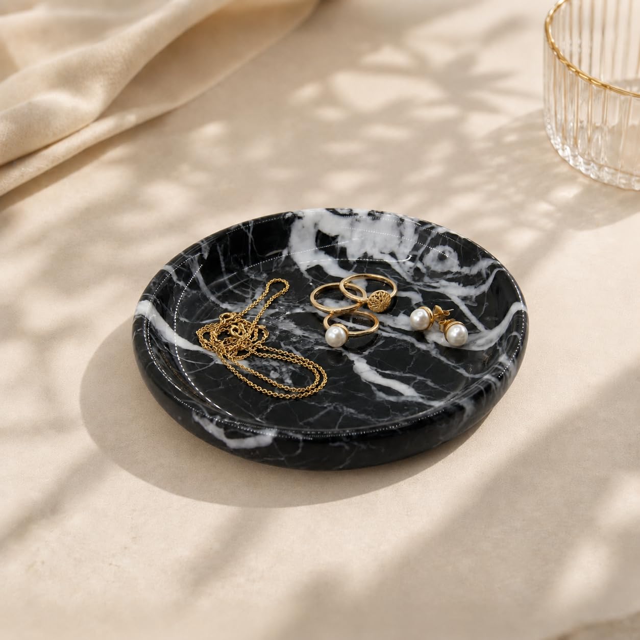 Small Natural Marble Jewelry Tray Key Plate Holder Dish Trinket Decor Catch All Bowl for Ring Earring Stone Gift for Women Daugther,Black,5.5"