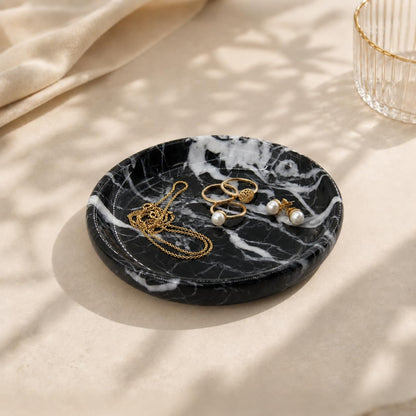 Small Natural Marble Jewelry Tray Key Plate Holder Dish Trinket Decor Catch All Bowl for Ring Earring Stone Gift for Women Daugther,Black,5.5"