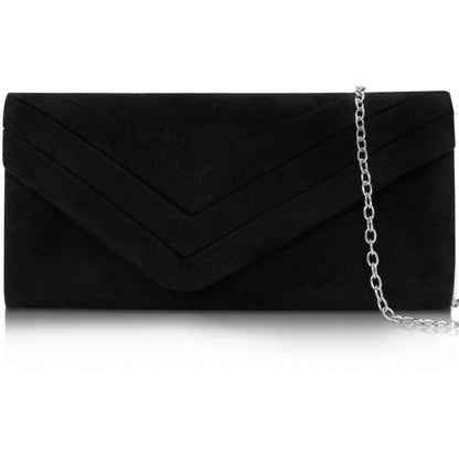 Larcenciel Elegant Black Suede Envelope Clutch Purse for Women, Soft Velvet Pleated Evening Bag with Detachable Chain Strap, Ladies Party Handbag for Formal Events, Wedding, Cocktail, Prom, Date Night