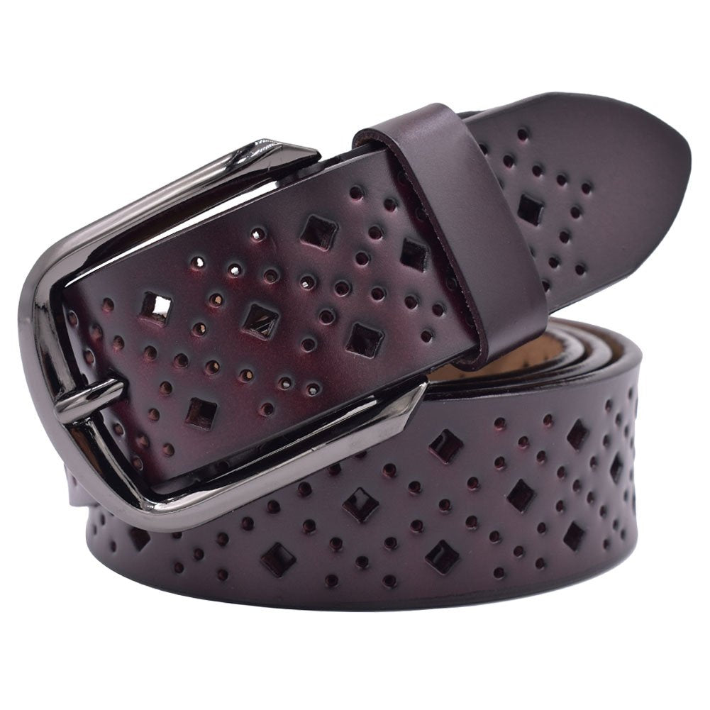 VONSELY Hollow Leather Belts for Women, Soft Leather Womens Belts with Pin Buckle (1.5" Wide Coffee)