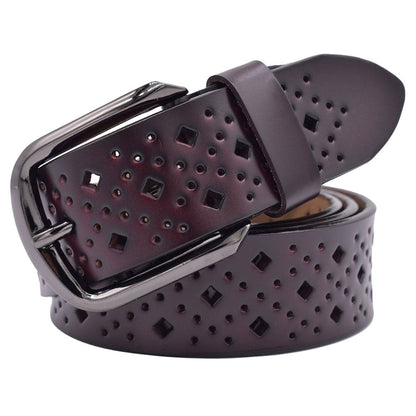 VONSELY Hollow Leather Belts for Women, Soft Leather Womens Belts with Pin Buckle (1.5" Wide Coffee)